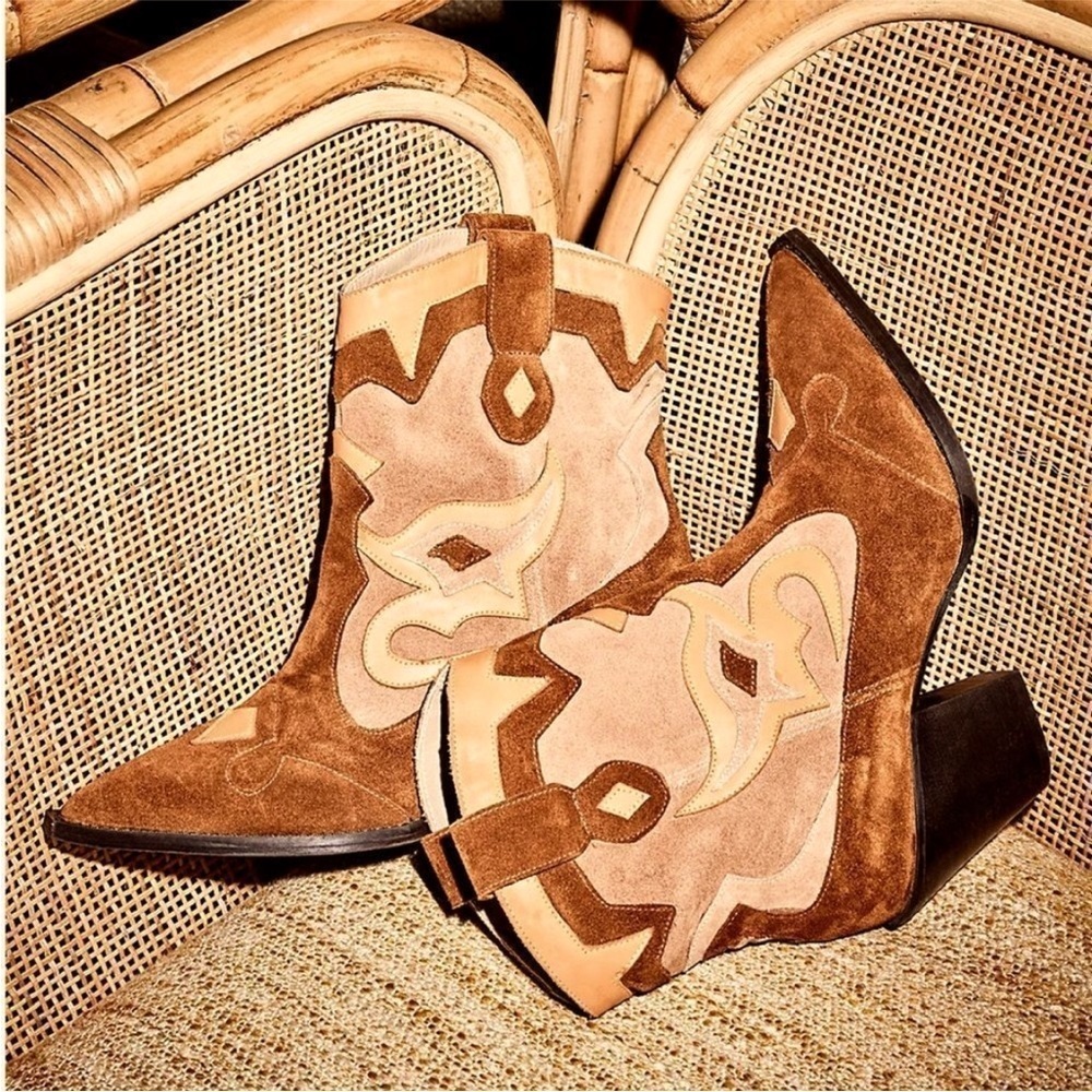 Free People X Toral Golden Girl Western Boots Brown Leather Suede NWOT SZ 9 | 39